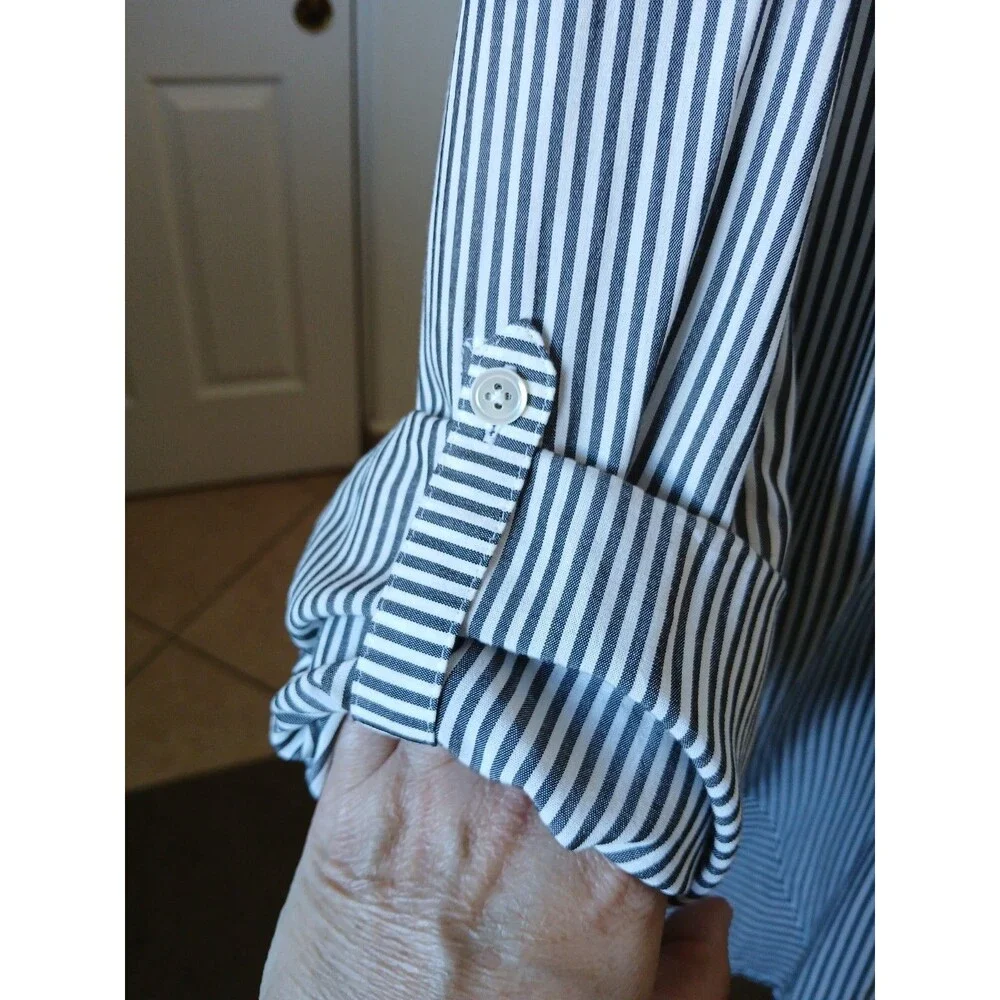 J. Jill Black White Striped Tunic Button Front Blouse Long Sleeve Size L